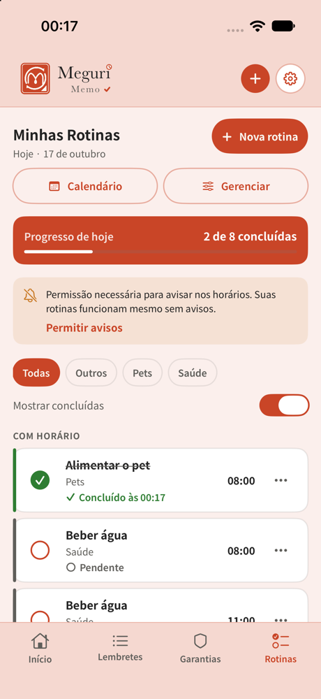 Tela Hoje com rotinas e progresso do dia